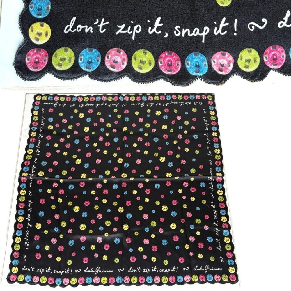 2000s LULU GUINNESS Black Button Print "Don't Zip It, Snap It" Silk Scarf 21"